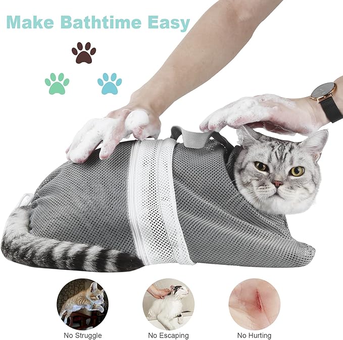 Cat Bathing Bag Adjustable Cat Grooming Net Bag Anti-bite & Anti-Scratch Cat Bath Washing Restraint Bag, Breathable Mesh Cat Grooming Bag for Shower, Nail Trimming, Injection