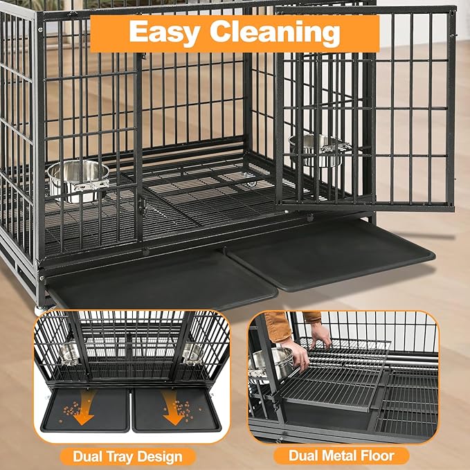 Homey Pet 48 Inch Heavy Duty Indestructible Dog Crate, Stackable Escape Proof Dog Cage Kennel Indoor with Two Trays, Metal Grids, Wheels, Bowls, Double Doors for High Anxiety Large Dogs(2 Tiers)