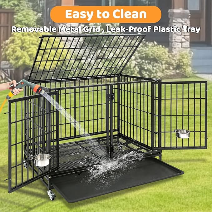 Homey Pet 43 Inch 2 Tiers Dog Crate Cage Kennel with Divider, Stackable Heavy Duty Dog Crate for Large Dogs, Escape Proof Indestructible Dog Kennel Indoor with Removable Tray, Lockable Wheels(4 Packs)