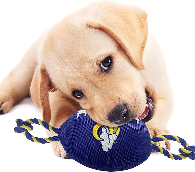 Pets First NFL Los Angeles Rams Football Dog Toy, Tough Quality Nylon Materials, Strong Pull Ropes, Inner Squeaker, NFL Team Color
