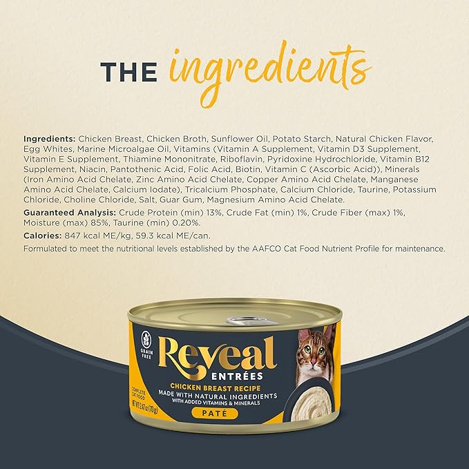 Reveal Entrées Natural Wet Cat Food Paté, Grain-Free with Added Vitamins & Minerals, Carrageenan-Free and High Protein, Chicken Breast Paté Recipe (24 x 2.47 oz Cans)