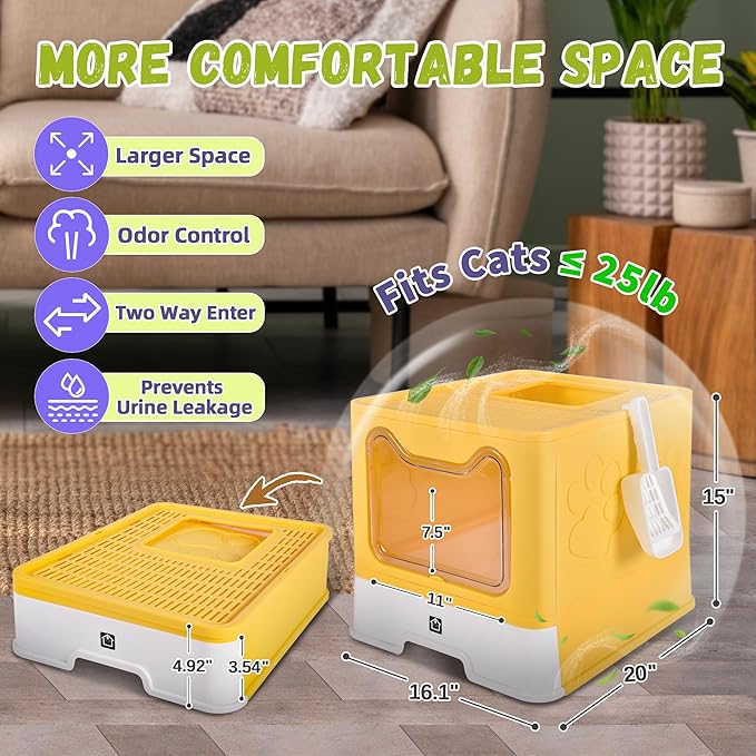 Cat Litter Box with Litter Mat, Foldable Extra Large Free in and Out/One-Way with Lid, Drawer Type Enclosed Kitty Litter Box,Odor Control Anti-Splashing Easy Cleaning (Yellow)