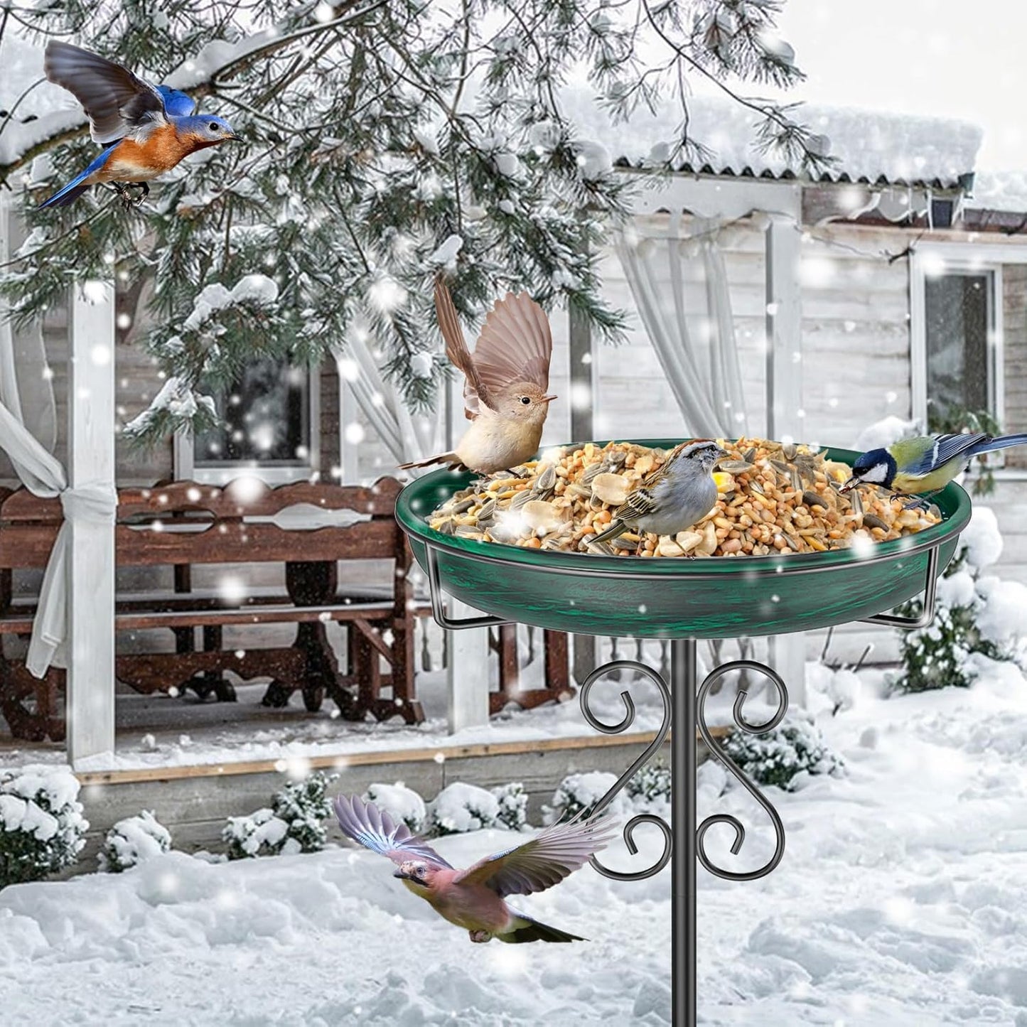 Metal Bird Bath for Outside,Bird Baths Feeder Bowl with 5 Prongs Base Stake,Freestanding BirdBaths for Outdoors Garden Patio Yard Lawn Decor (Vintage Green)