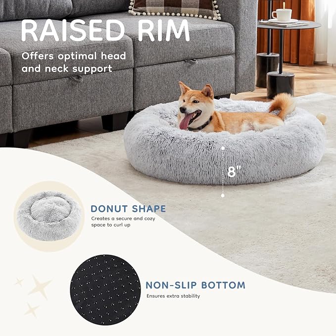 DUMOS 37.4x37.4 Inch Calming Donut Dog Beds for Large Dogs, Machine Washable Cuddler Warming Cozy Fluffy Faux Fur Plush Round Pet Bed, Anti-Slip Bed for Indoor Dogs and Cats, Grey