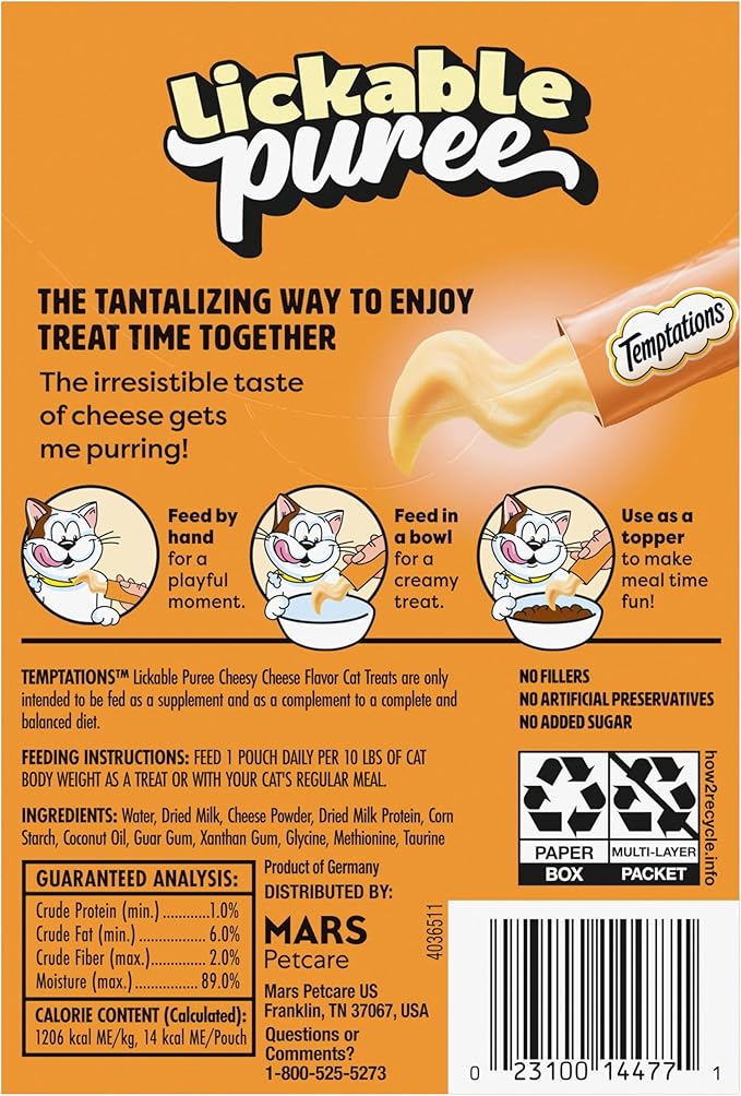 Temptations Creamy Puree Squeezable Lickable Cat Treats, Wet Cat Treats with Cheese, 0.42 oz. Tubes, 4 Count, Pack of 11 (44 Total)