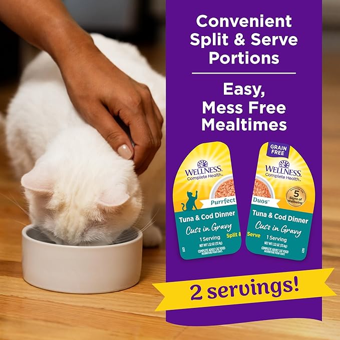 Wellness Complete Health Purrfect Duos Cuts in Gravy Adult Wet Cat Food, Natural, Protein Rich, Grain Free, Tuna and Cod Dinner Recipe, 2.64 oz, Pack of 12 Split Cups