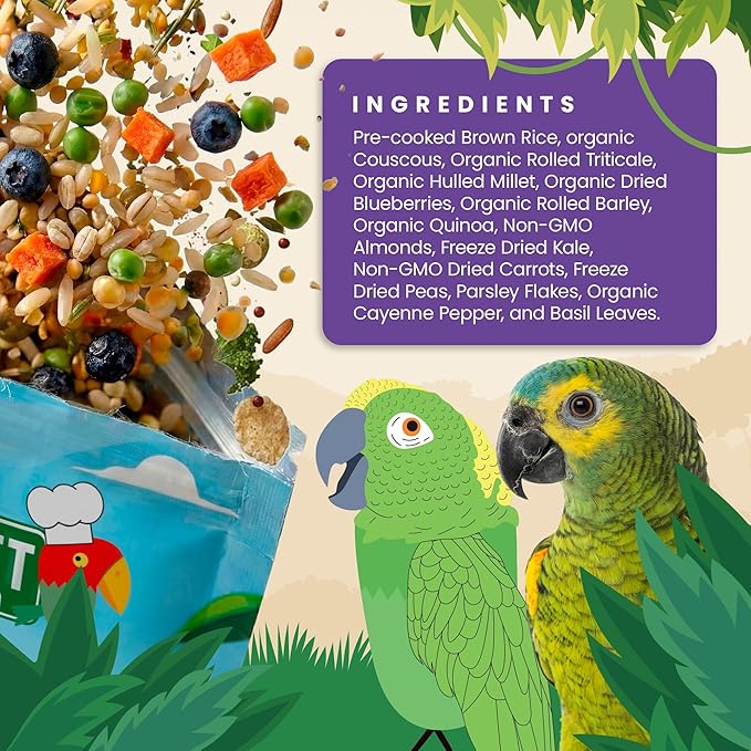 Bird Street Bistro Parrot Food - Parrot Food - Cooks in 3-15 min w/Natural Whole Grains, Legumes, Non-GMO Fruits, Vegetables & Health-Oriented Spices.
