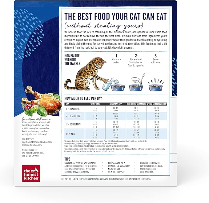The Honest Kitchen Human Grade Dehydrated Cat Food, Grain Free Turkey Cat Food, 4 lb Box
