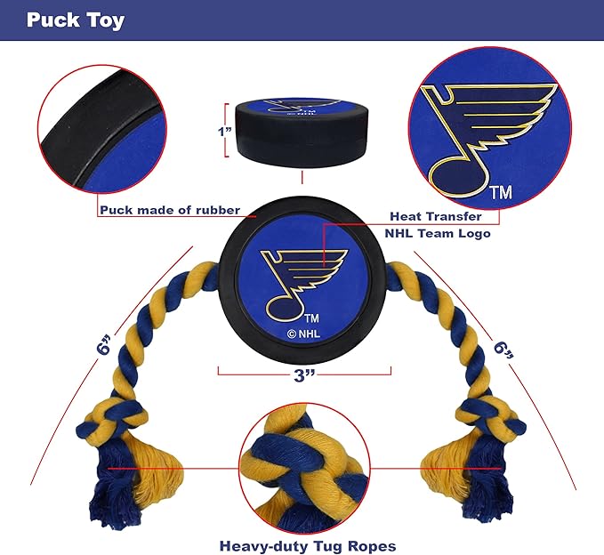 Pets First Dog Rubber Toy Tough Rubber with Heavy-Duty Dog Rope Tug Toy. NHL St. Louis Blues Puck Toy for Dogs & Cats. Play Hockey with Your Pet with This Licensed Dog Puck Rubber Cool Toy!