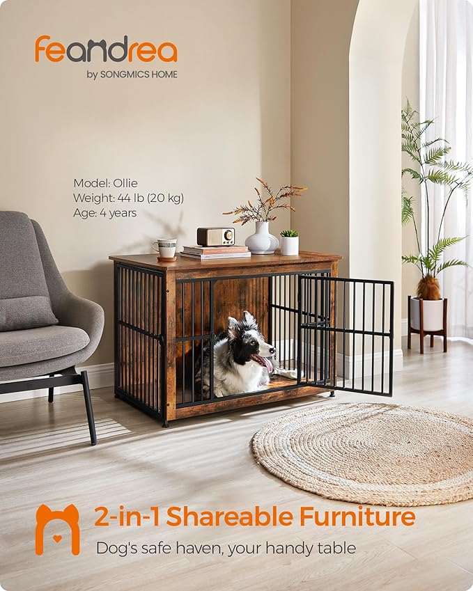 Feandrea 38.6" Dog Crate Furniture, Heavy-Duty Dog Cage Side End Table, XL Pet Wood Kennel for Large and Medium Dogs up to 70 lb with Enclosed Base, Double-Door Pet House, Rustic Brown