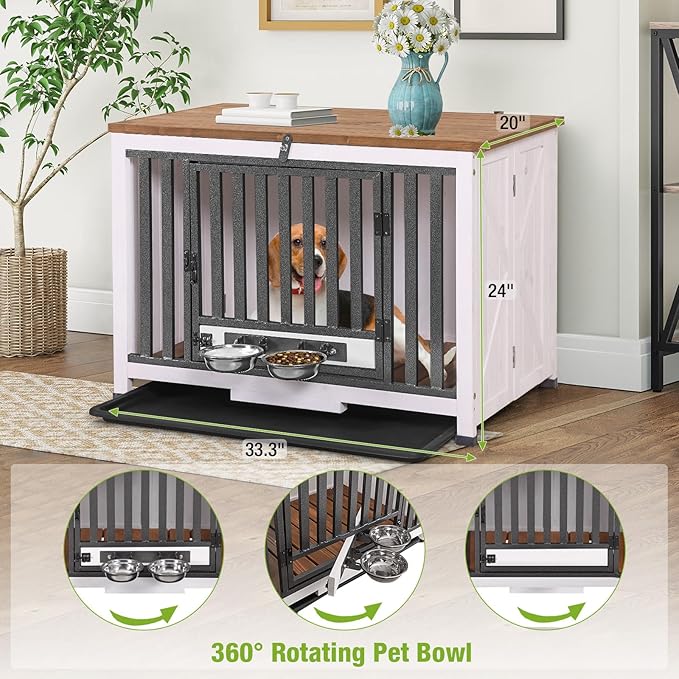 GUTINNEEN Dog Crate Furniture Foldable Dog Kennel for Small Medium Dogs Large Solid Wood Dog House with Bowl Heavy Duty Dog Cage End Table