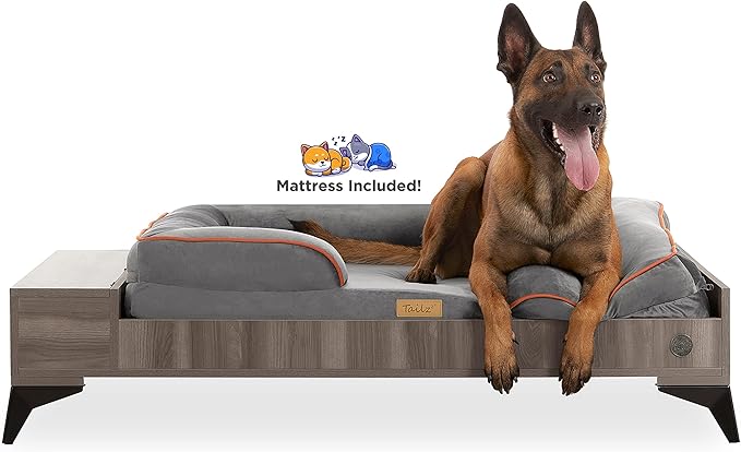 Wooden Dog Bed with Mattress, Large to Extra Large Water-Resistant Elevated Pet Bed, Wooden Pet Bed with Storage, Greenguard Gold Certified, Machine Washable, Smokey Grey, Wyatt - TailZzz