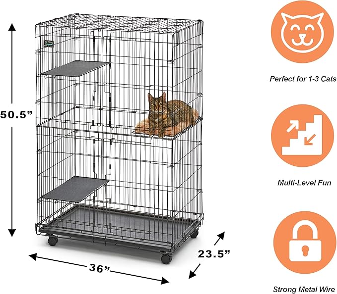 MidWest Homes for Pets Folding Metal Indoor Cat Playpen, Cage Includes Locking Wheels, 3 Platforms, Removable Tray, Plush Bed, Suited for 1-3 Cats