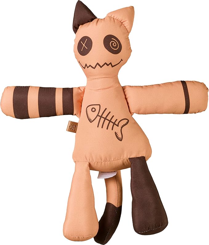 Halloween Cat Plush Dog Toy - Durable Orange Kitty with Fish Skeleton Design - Medium Sized Reinforced Toy for Dogs & Cats - Spooky Season Pet Gift