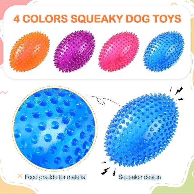 Silipull 4 Pcs Spiky Squeaker Football Dog Toy for Medium Large Dogs Spiky Dog Balls Puppy Chew Toys for Aggressive Chewers Training Fetch (Vivid,4.5 x 3.1 Inch)