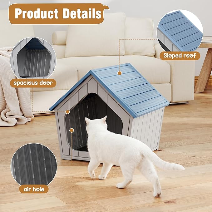 Multi-use Cat Litter Box Enclosure with Spacious Door, Plastic Hidden Litter Box & Cat Bed with Hidden Air Hole, Cabin-Style Cat House Suitable for Warm Outdoor and Indoor Use, Blue