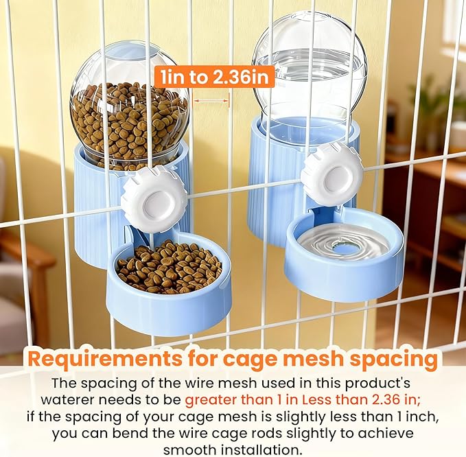 38oz Hanging Automatic Food Water Dispenser, Large Capacity Gravity Rabbit Water Dispenser and Feeder Set, for Bunny Guinea Pig Chinchilla Ferret Cage Accessories (Blue)