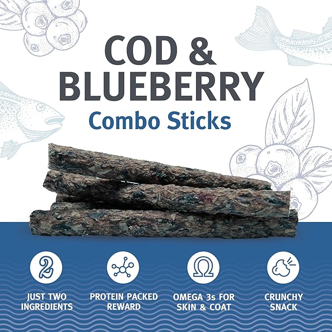 Icelandic+ Combo Sticks: Cod & Blueberry - 16ct, 5.1oz Bag - Dog Treats, 2 Ingredient Pet Snacks, Wild Caught Fish, Slow Baked, Crunchy Natural Chews