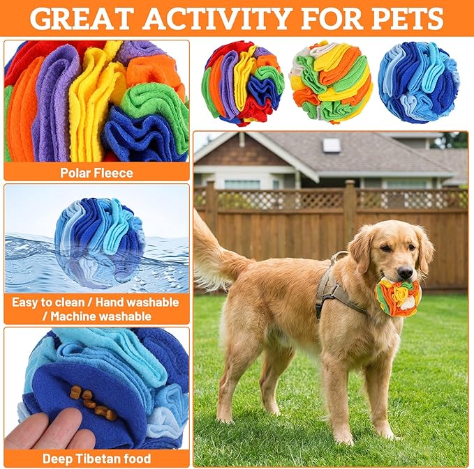 3 Packs Snuffle Ball for Dogs - Sniffle Interactive Treat Ball, Stress Relief, Slow Feeder, Puzzle Toy for Small Medium Dogs Cats, Soft Polar Fleece, Rainbow, Vitality Orange & Ocean Blue, 5.9 Inches