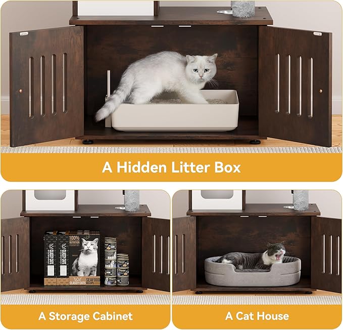 YITAHOME Cat Tree with Litter Box Enclosure, 2-in-1 Cat Furniture, Modern Cat Condo with Cat House, Perch, Food Station, Hammocks, Scratch Post, Hair Brush, 59 Inch, Rustic Brown