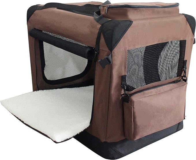 EliteField 3-Door Folding Soft Dog Crate with Carrying Bag and Fleece Bed (2 Year Warranty), Indoor & Outdoor Pet Home (20" L x 14" W x 14" H, Brown)
