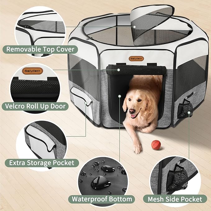 Seiyierr Dog Playpen, Portable Pet Playpen, Puppy Playpen, Cat Playpen with Carrying Case, Dog Playpen for Small Dogs Indoor/ Outdoor, Removable Mesh Shade Cover