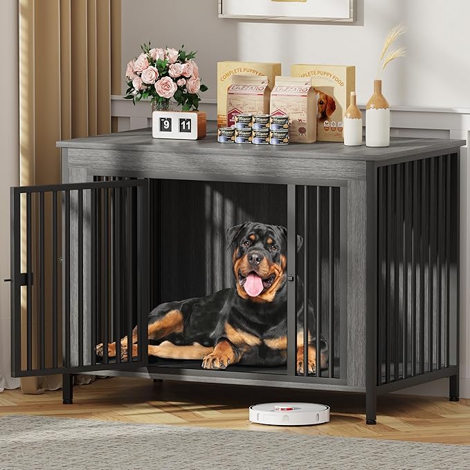 EasyCom Dog Crate Furniture for 1 or 2 Dogs, Heavy Duty Single/Double Dog Crates for Small/Medium/Large Dogs, Dog Kennel Furniture Indoor as TV Stand, Extra Large Size 47.24" L(65-92 Pounds), DGY