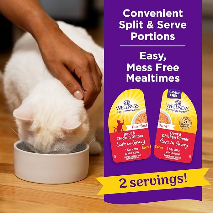 Wellness Complete Health Purrfect Duos Cuts in Gravy Adult Wet Cat Food, Natural, Protein Rich, Grain Free, Beef and Chicken Dinner Recipe, 2.64 oz, Pack of 12 Split Cups