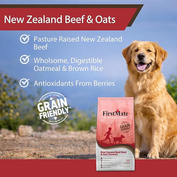 FirstMate Grain Friendly Dog Food New Zealand Beef & Oats Formula – Pasture-Raised Grass Fed Beef, Single Protein Dry Dog Food for Adult Dogs, Pea Free & Potato Free with Wholesome Grains – 25 lb Bag
