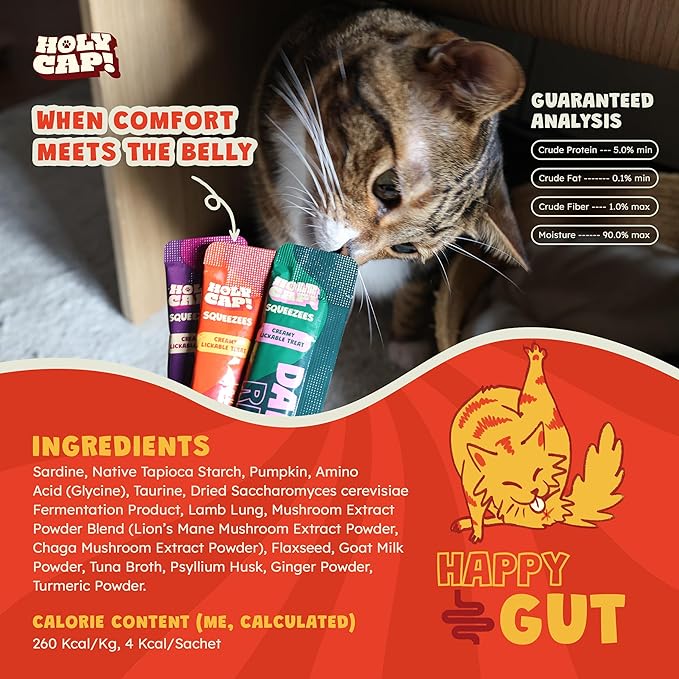 Happy Gut Grain-Free Lickable Cat Treats, 15 Squeezable Purée Tubes (0.5 oz Each), Sardine & Pumpkin Flavor, Creamy Cat Purée with Clean Ingredients, Hand-Fed Treat or Meal Topper