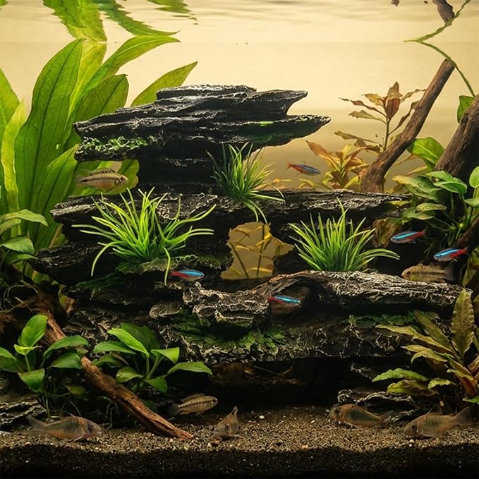 Aquarium Decor Mountain View Stone Ornament, Premium Landscape Fish Tank Decorations, Fish Tank Accessories, Ideal for Betta, Snails, Turtle, Hiding, Playing, Basking and Resting Spots