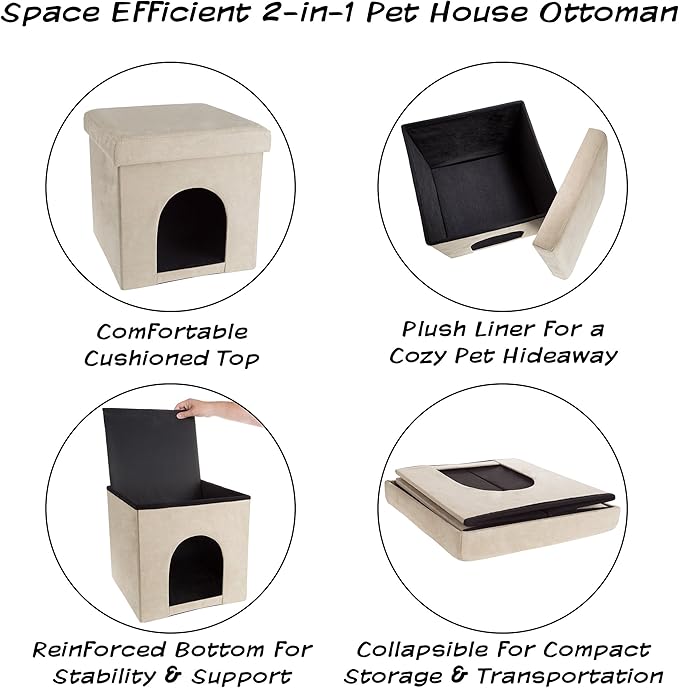 Pet House Ottoman - Collapsible Multipurpose Small Dog or Cat Bed Cube and Footrest with Cushion Top and Interior Pillow by PETMAKER (Microsuede Tan)
