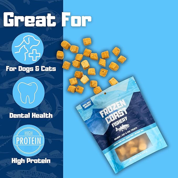 Frozen Coast Freeze-Dried Wild-Caught Salmon Cat & Dog Treats-Single-Ingredient, Omega-3, Grain-Free (2.5 oz-Bag)