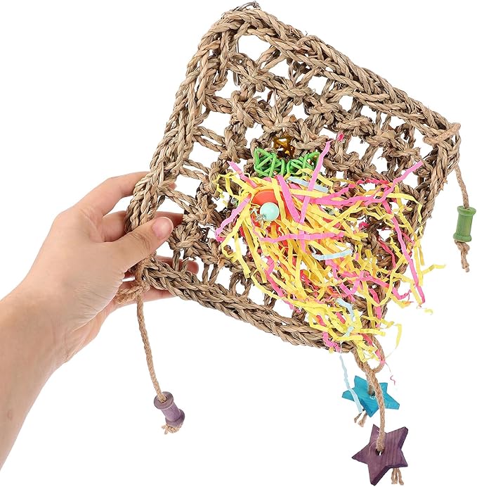 FRCOLOR Natural Seagrass Birdcage Hanging Woven Hammock for Parrots Parakeets Foraging Climbing Chewing Safe Cage Accessory