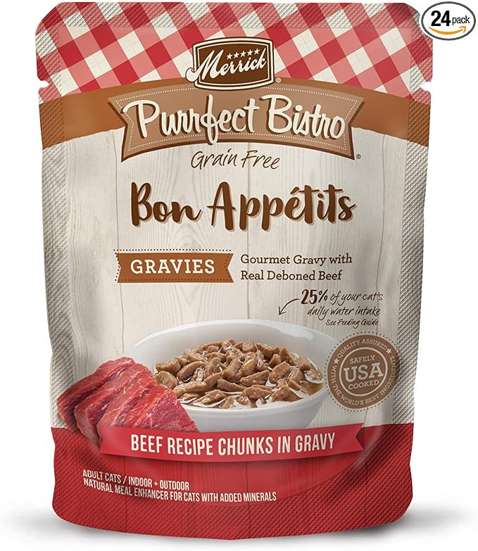 Merrick Purrfect Bistro Bon Appetits Premium Grain Free Wet Cat Food Topper, Beef Recipe Chunks in Gravy - (Pack of 24) 3 oz. Pouches