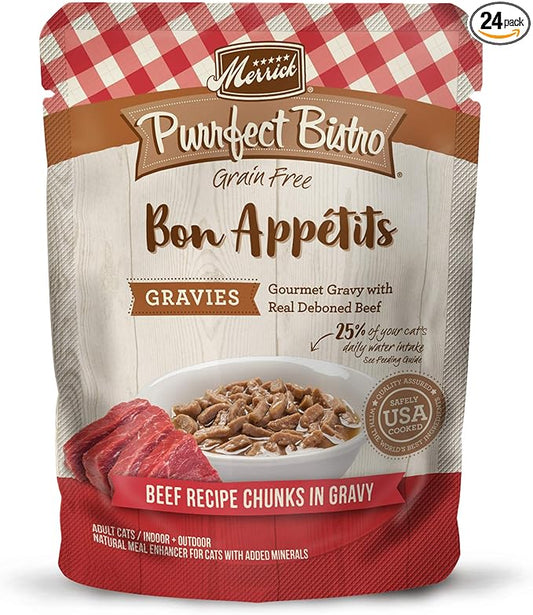 Merrick Purrfect Bistro Bon Appetits Premium Grain Free Wet Cat Food Topper, Beef Recipe Chunks in Gravy - (Pack of 24) 3 oz. Pouches