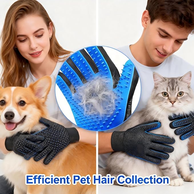 Cat & Dog Grooming Gloves – 1 Pair Deshedding Tool with Pet Massage Bath Brush, Gentle Hair Remover & Massage Mittens, Suitable for All Fur Types (Blue)