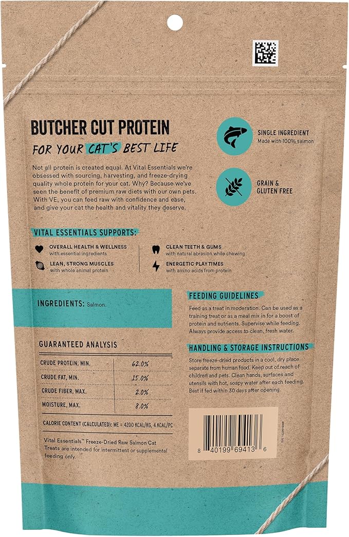 Vital Essentials Freeze Dried Cat Treats | Diced Salmon Bites, Single Ingredient | Premium Quality | Grain Free, Crunchy Cat Treats, 3 oz Bag