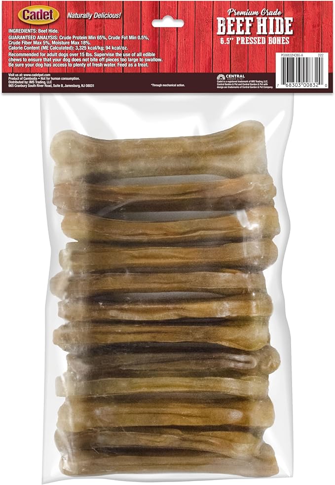 Cadet Premium Grade Pressed Beef Hide Bones, Long Lasting Rawhide Dog Chews, 6.5 Inch (12 Count)