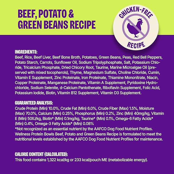 Wellness Protein Bowls Adult Wet Dog Food, Fresh Alternative, Wholesome Grains, Natural, Beef, Potato, and Green Beans Recipe, 6.2 oz, Pack of 6 Pouches