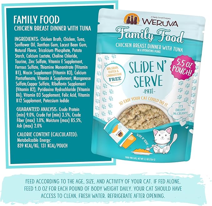Weruva Wet Cat Food, Family Food with Chicken and Tuna Pate, 5.5oz Slide N Serve Pouch, Pack of 12
