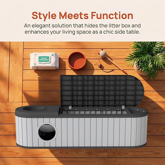 Large Cat Litter Box Enclosure with Hidden Cat Bed, 2-in-1 Resin Cat House Furniture with Flip-Top Lid & Dual-Way Swing Door, Multi-Functional Side Table Bench for Living Room, Easy-Clean Odor Control