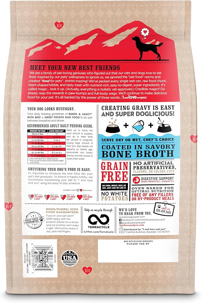 I and love and you Baked & Saucy Dry Dog Food with Gravy Coating, Beef & Sweet Potato Recipe, Grain-Free, Prebiotics & Probiotics, Real Meat, No Fillers, 4 Pound Bag