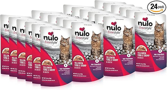 Nulo Freestyle Cat & Kitten Wet Cat Food - Yellowfin Tuna & Shrimp in Broth, Grain-Free, High Protein Soft Food Topper Treat, 2.8oz Pouches (Pack of 24)