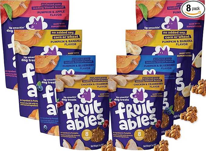 Fruitables Baked Dog Treats Variety Pack of 8 (Pumpkin & Apple, Banana, Blueberry, Cranberry - 7 oz (8 Pack)