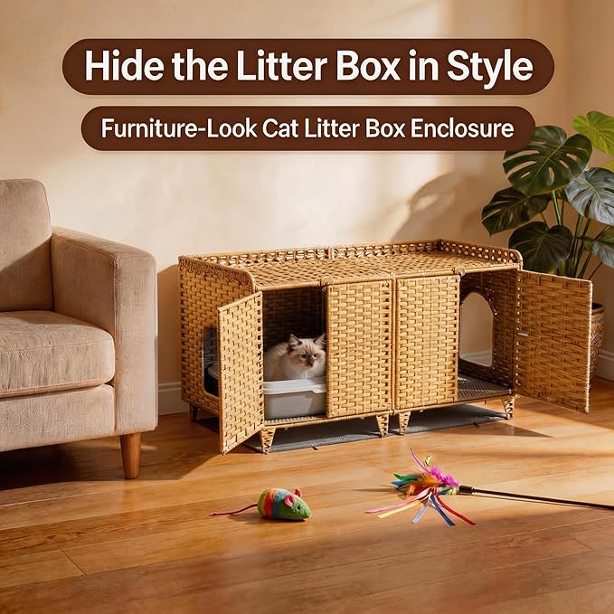 Garvee Cat Litter Box Enclosure Furniture, Handwoven Rattan Cat Houses, Hidden Cat Washroom Furniture with Door/Mat, Large Space Cat Houses with s-Shaped Hooks, Living Room, Bedroom, Natural