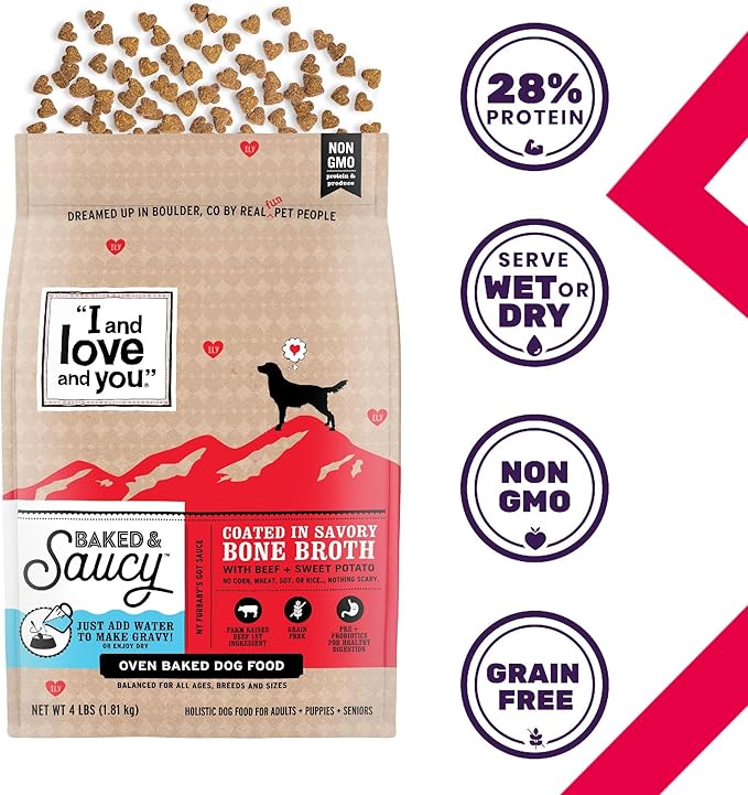 I and love and you Baked & Saucy Dry Dog Food with Gravy Coating, Beef & Sweet Potato Recipe, Grain-Free, Prebiotics & Probiotics, Real Meat, No Fillers, 4 Pound Bag