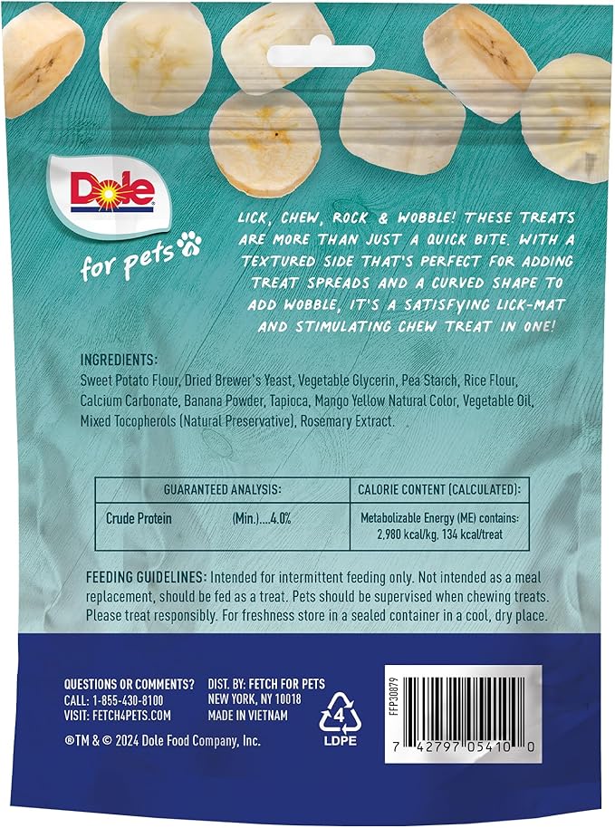 Dole for Pets Freshly Fetched Lasting Chew Banana Flavor Dog Treats, Medium and Large Breeds, No Wheat, Corn, Soy, Artificial Flavors, Colors, or Animal Products, 8 Ounces, 5 Chews