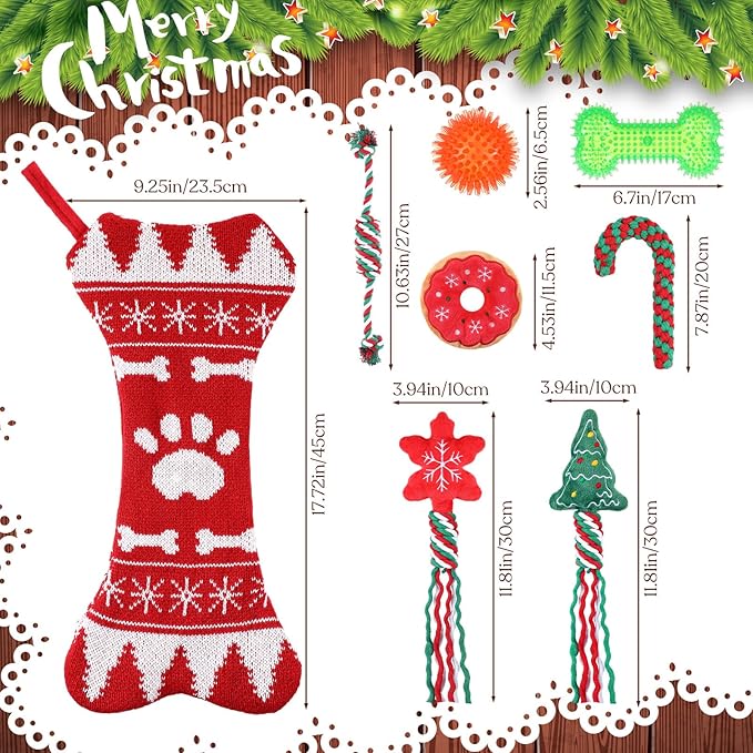 JellyArch 8 Pcs Christmas Dog Toys Gifts Christmas Stocking with Rope Knot Squeaky Plush Chew Toys for Xmas Gifts for Teething Puppy Small Medium Dog