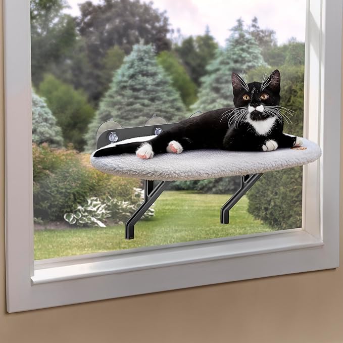 K&H Pet Products Universal Mount Cat Window Perch Bed for Large Cats, Orthopedic Window Hammock Holds 60 lbs, Sturdy Suction Cups, Washable Cover, Indoor Windowsill Furniture Bed - 14 X 24in Fleece